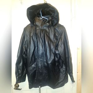Croft&Barrow XL Black Leather Coat Parka W/Faux Fur Zip-out Hood Lining NWT@$225